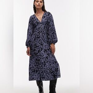 & other stories floral  V-Neck Maxi Dress in Blue midi, side split sz 8